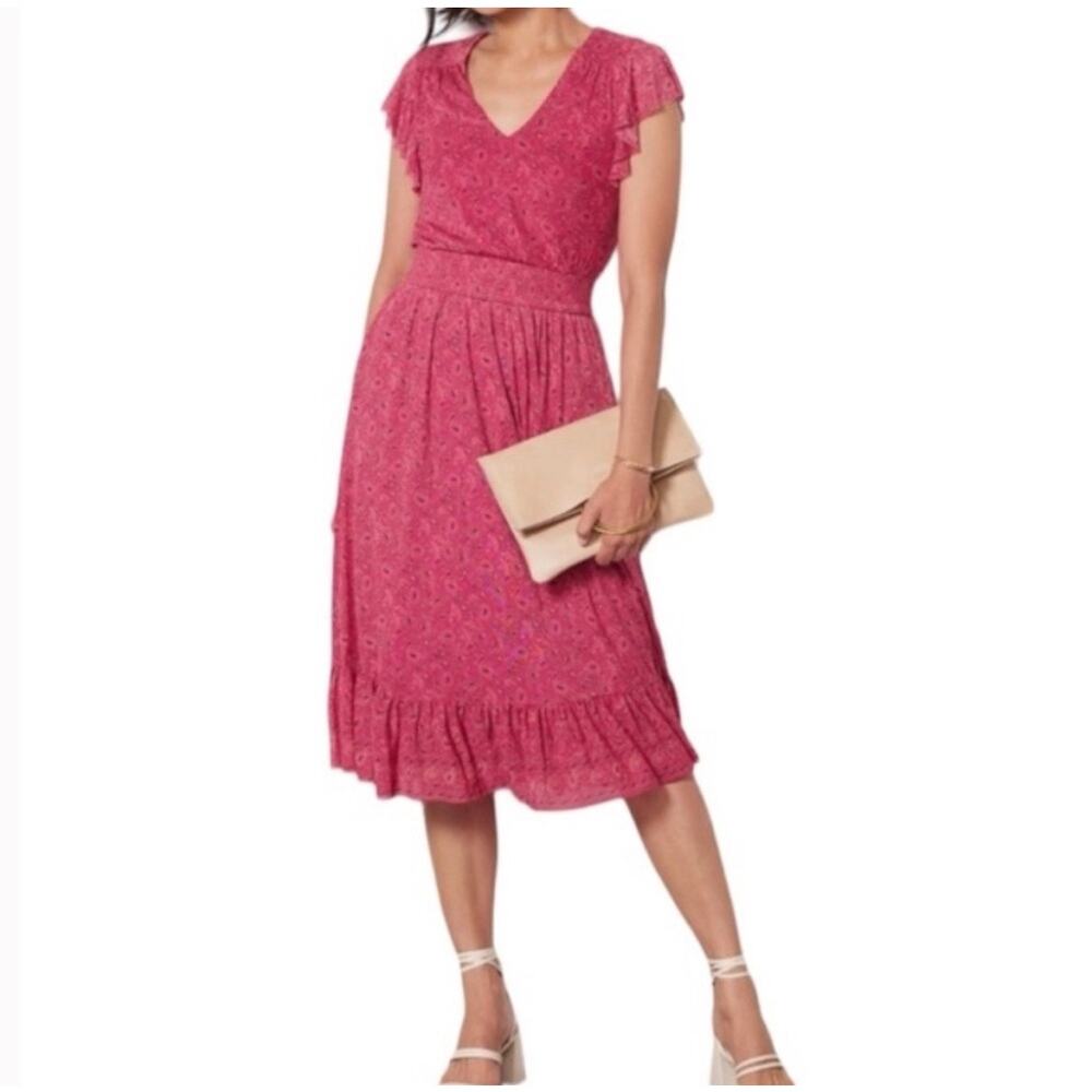 Evereve Elena Pink Floral V-Neck Flutter Sleeve Midi Dress Romantic Cottage XL